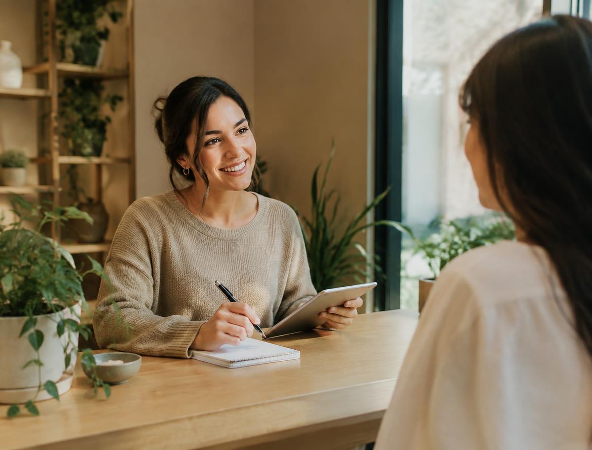 A team member confirming an appointment with a client at a wellness studio
