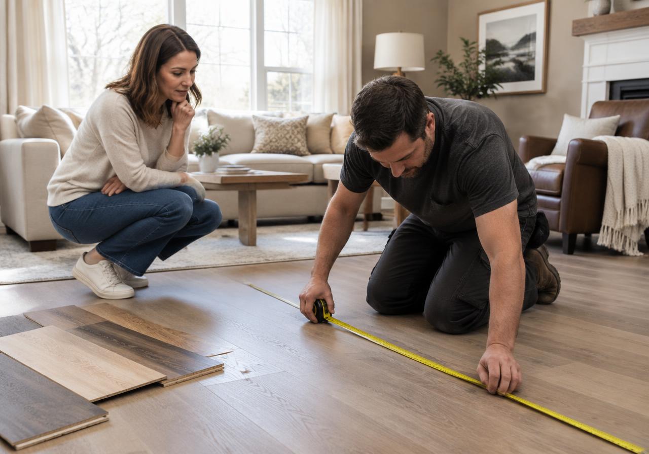A flooring contractor measuring a living-room floor during an in-home estimate