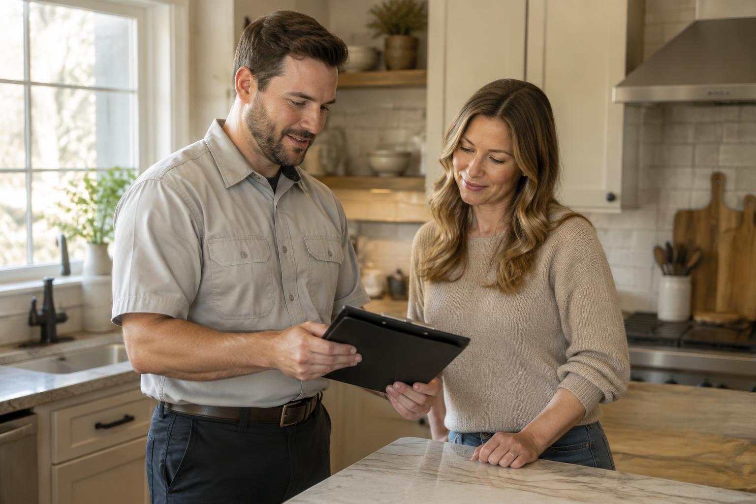 A home and property service professional reviewing details with a customer