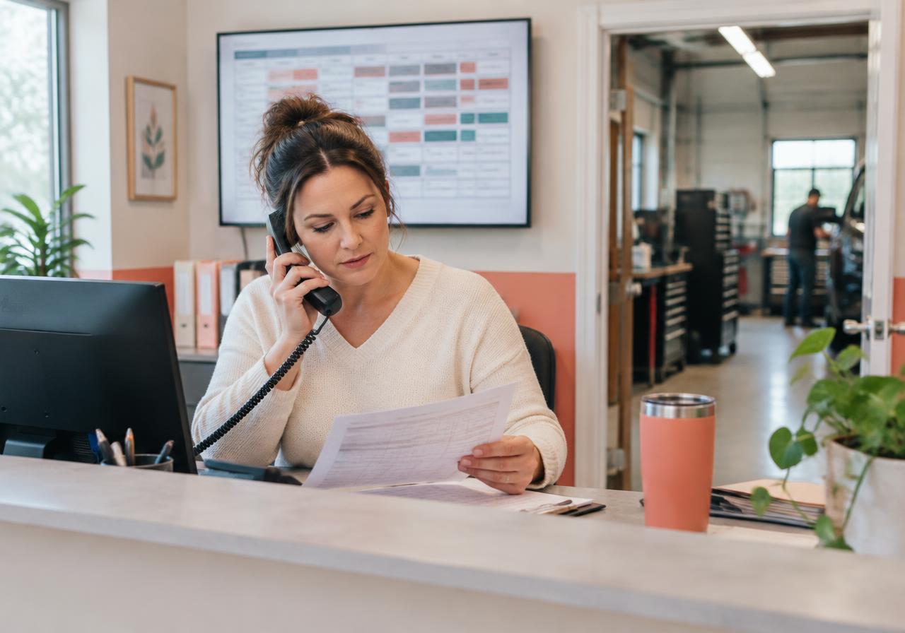 A local service business manager handling a customer call and reviewing work information while the shop operates behind her