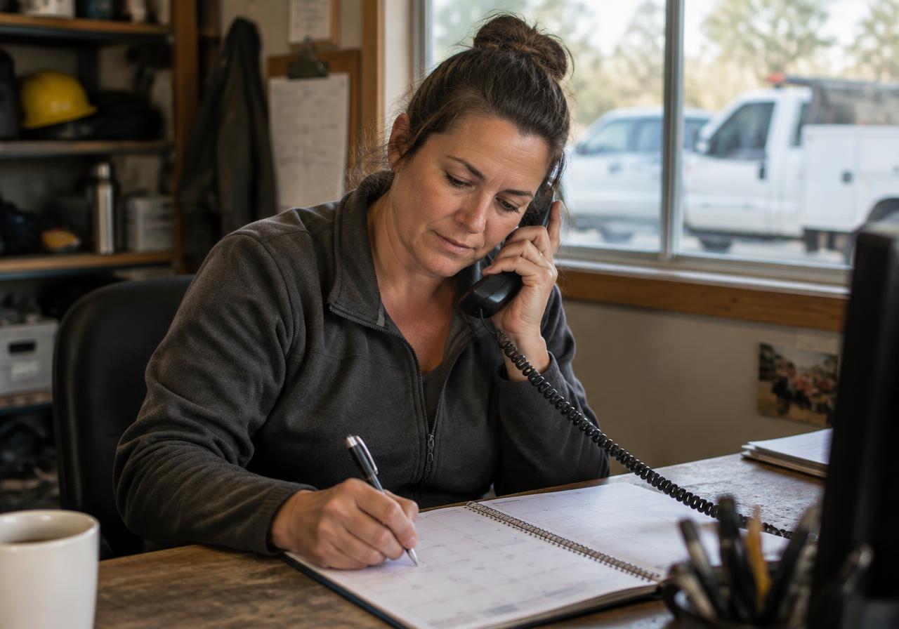 A local service business owner taking a customer call and recording the next step